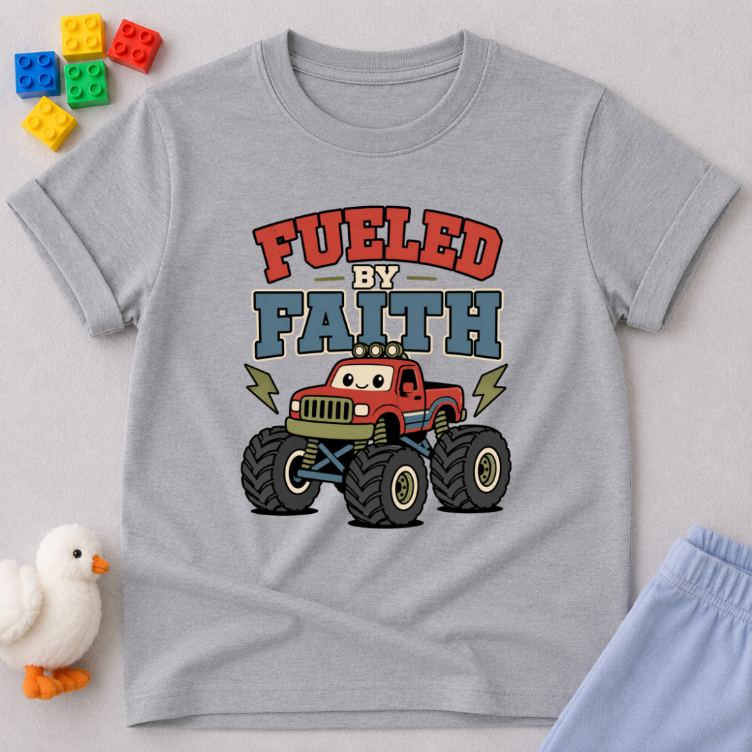 Monster Truck Faith Power Shirt Christian kids shirt in gray featuring a monster truck and faith-inspired design

