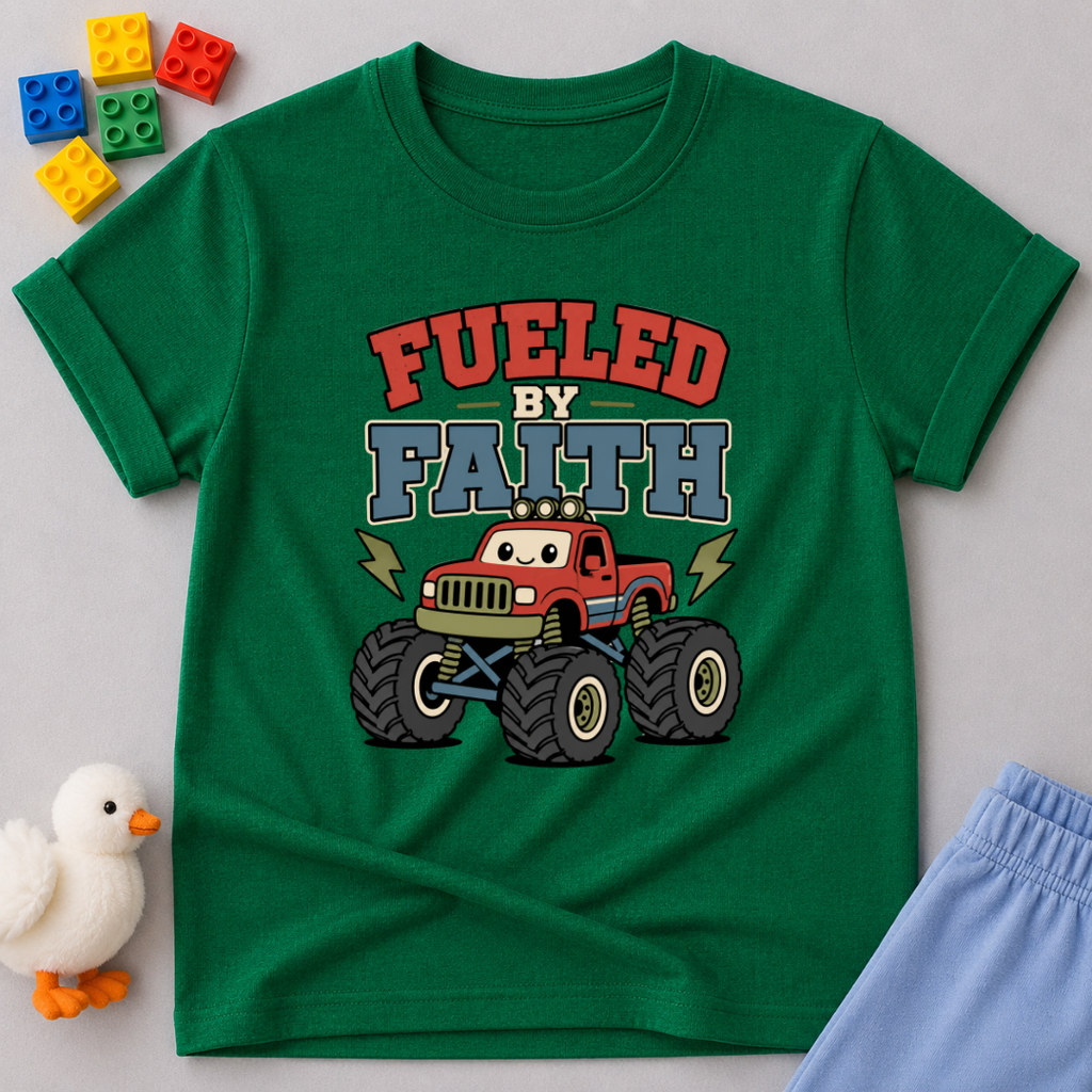 Monster Truck Faith Power Shirt Christian kids shirt in green featuring a monster truck and faith-inspired design
