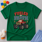 Monster Truck Faith Power Shirt Christian kids shirt in green featuring a monster truck and faith-inspired design
