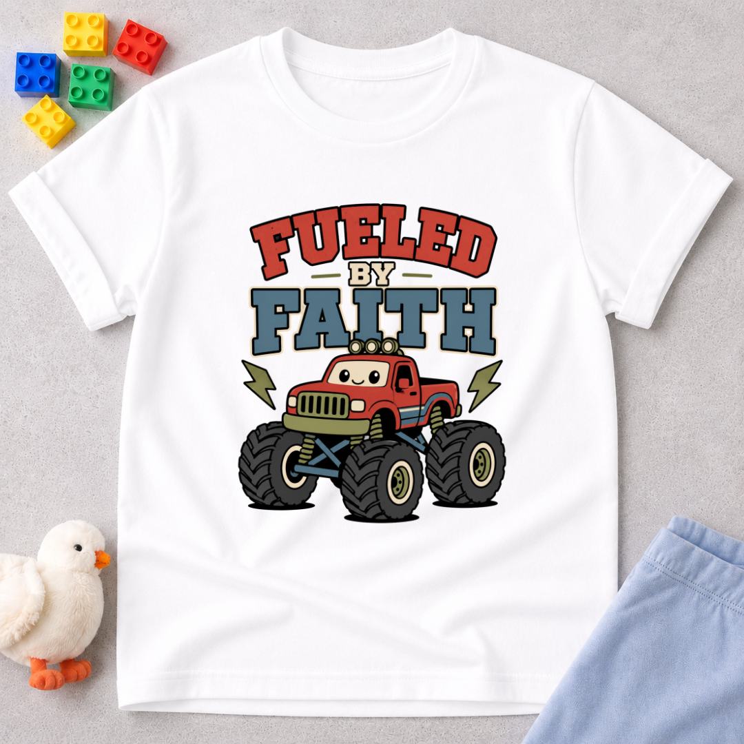 Monster Truck Faith Power Shirt Christian kids shirt in white featuring a monster truck and faith-inspired design
