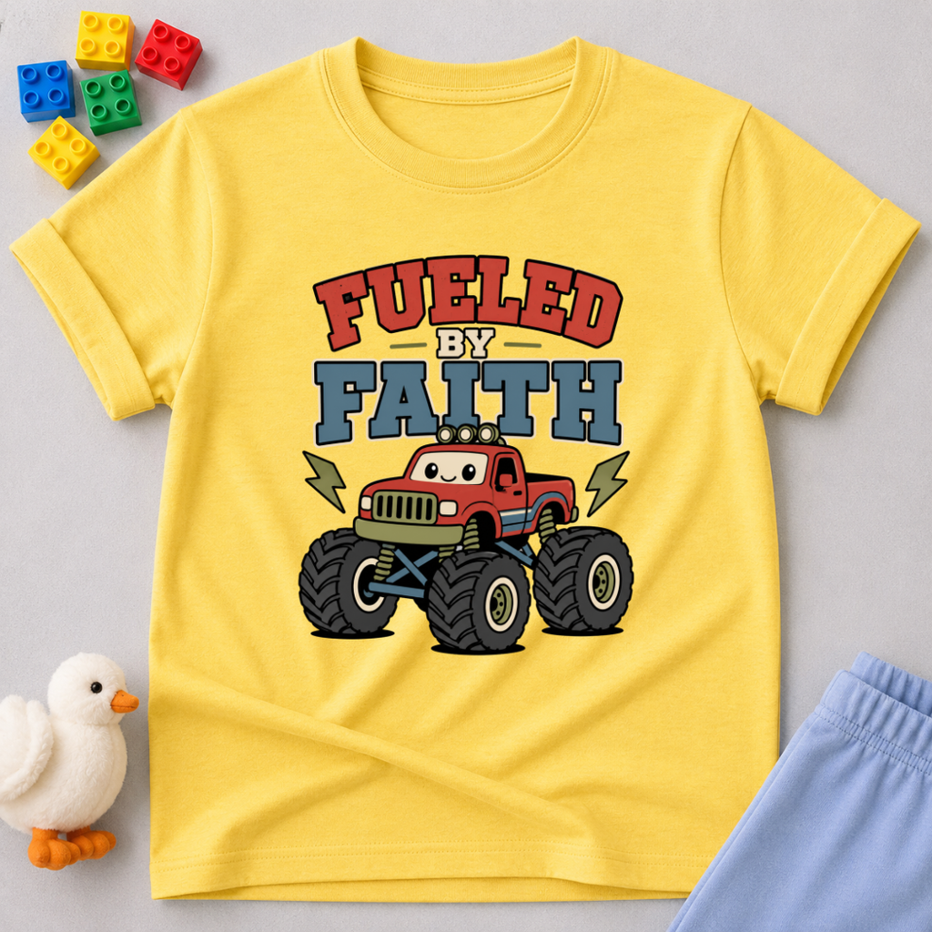 Monster Truck Faith Power Shirt Christian kids shirt in yellow featuring a monster truck and faith-inspired design
