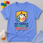 My Family Follows Jesus Christian kids shirt in blue featuring a family beneath a church and cross

