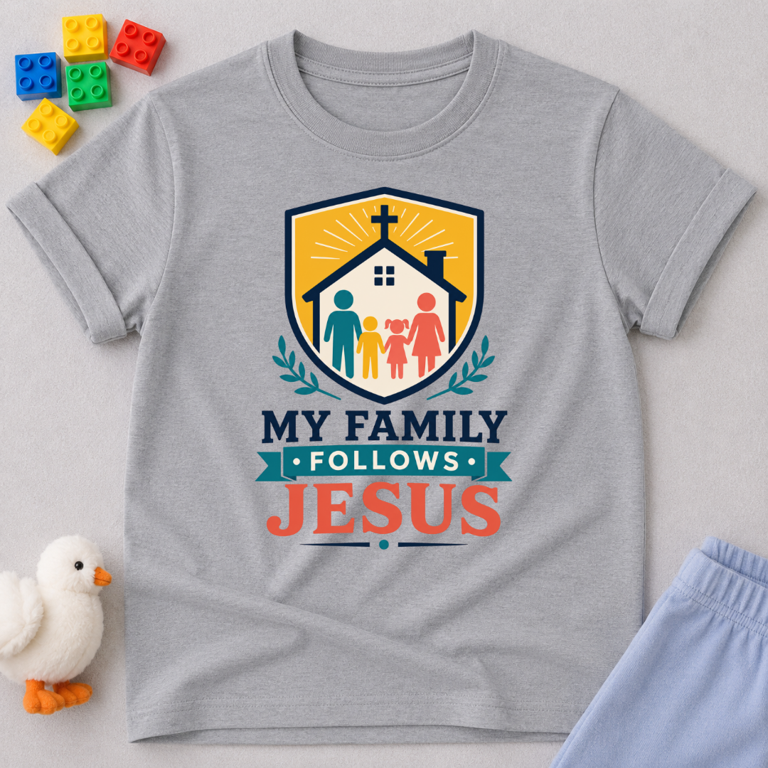 My Family Follows Jesus Christian kids shirt in gray featuring a family beneath a church and cross
