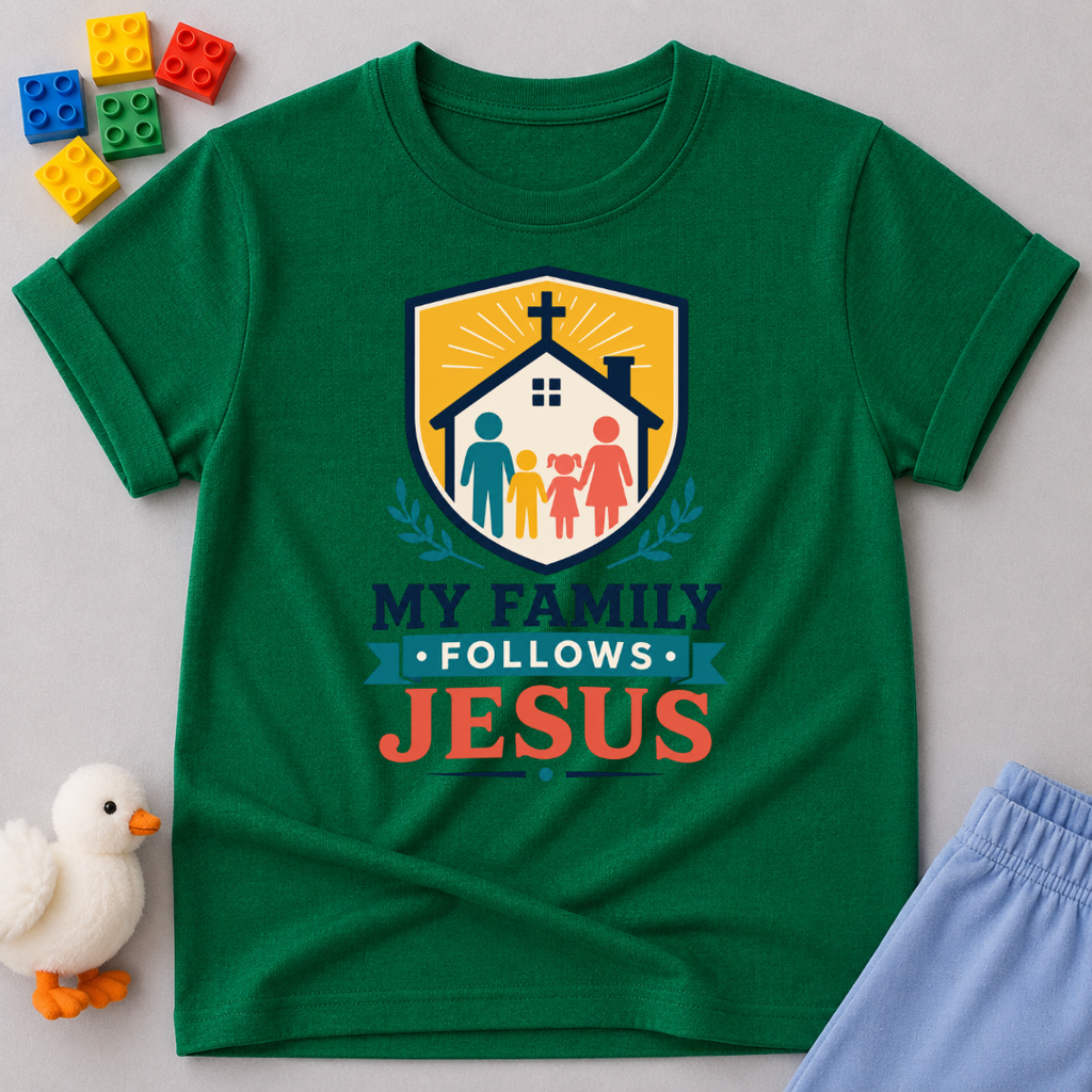 My Family Follows Jesus Christian kids shirt in green featuring a family beneath a church and cross
