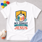 My Family Follows Jesus Christian kids shirt in white featuring a family beneath a church and cross
