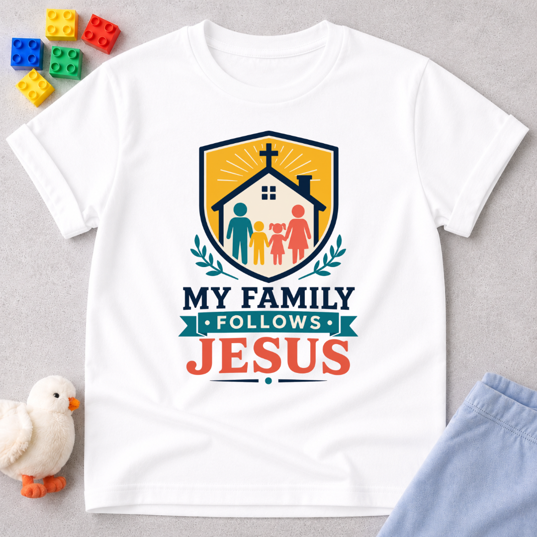 My Family Follows Jesus Christian kids shirt in white featuring a family beneath a church and cross
