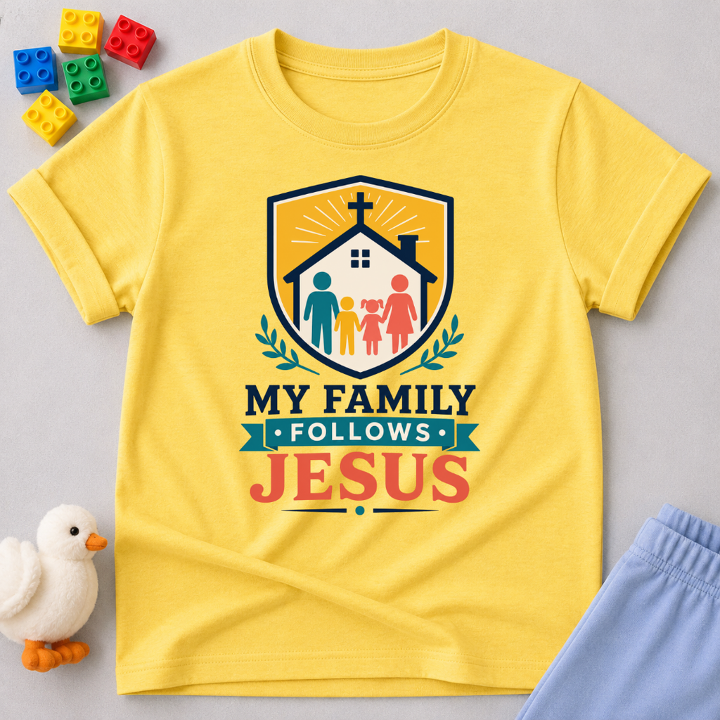 My Family Follows Jesus Christian kids shirt in yellow featuring a family beneath a church and cross
