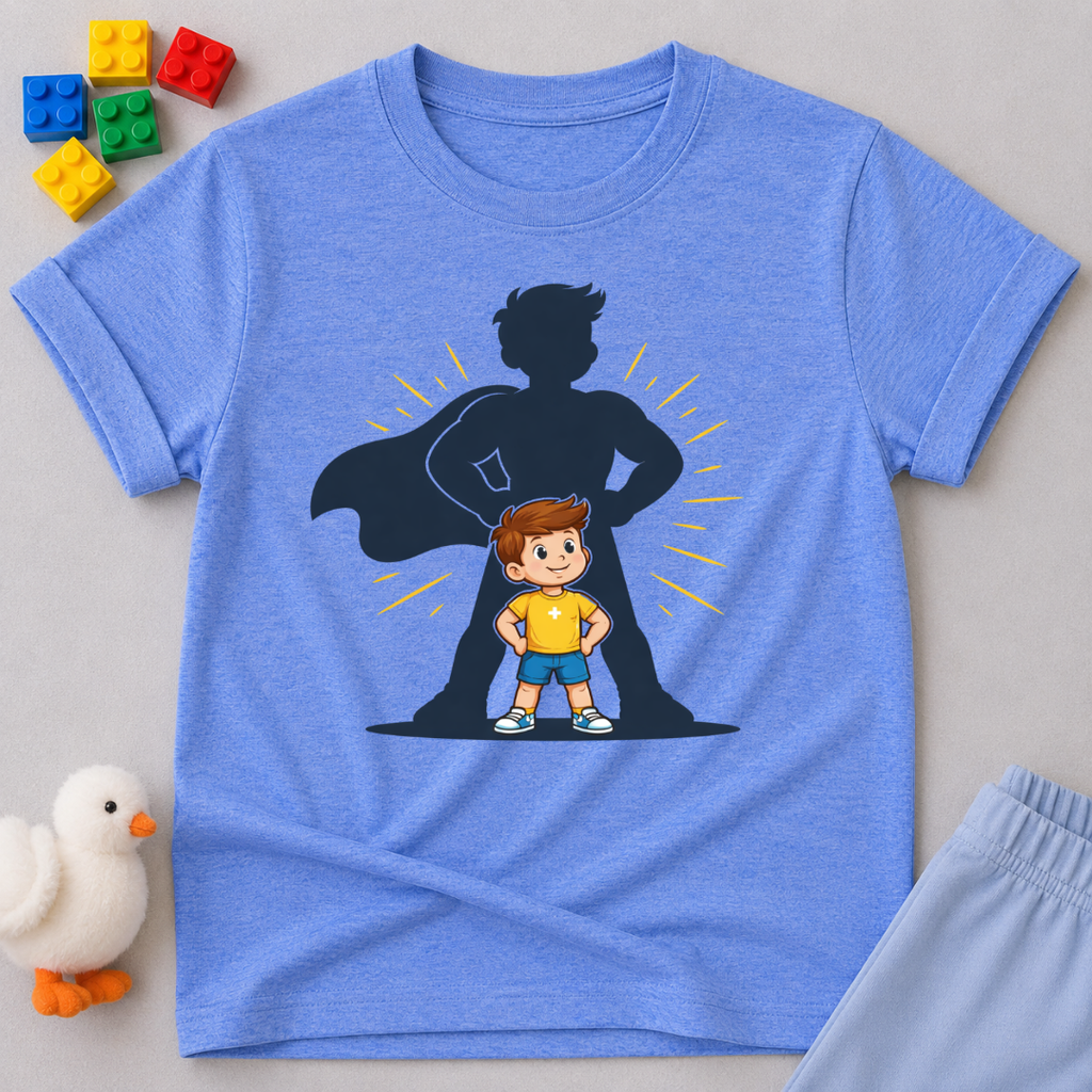 My Hero Is Dad Christian kids shirt in Blue featuring a child standing beside a superhero father silhouette