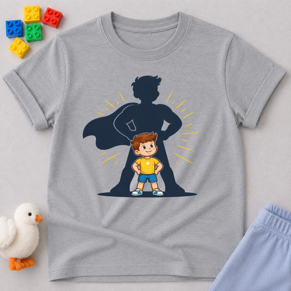 My Hero Is Dad Christian kids shirt in Gray featuring a child standing beside a superhero father silhouette