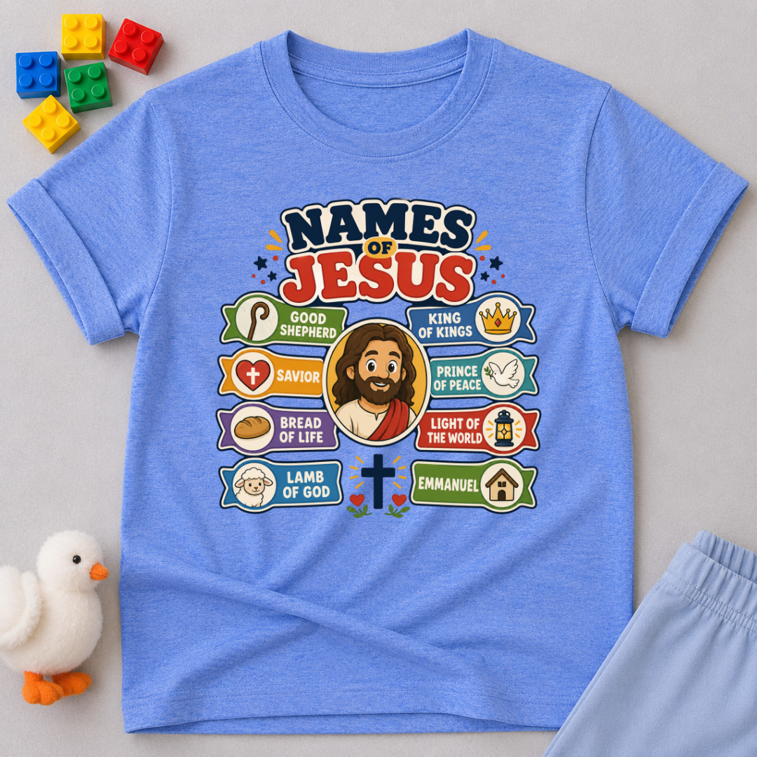 Names of Jesus Bible Chart Christian kids shirt in blue featuring illustrated biblical titles of Jesus
