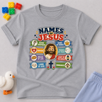 Names of Jesus Bible Chart Christian kids shirt in gray featuring illustrated biblical titles of Jesus
