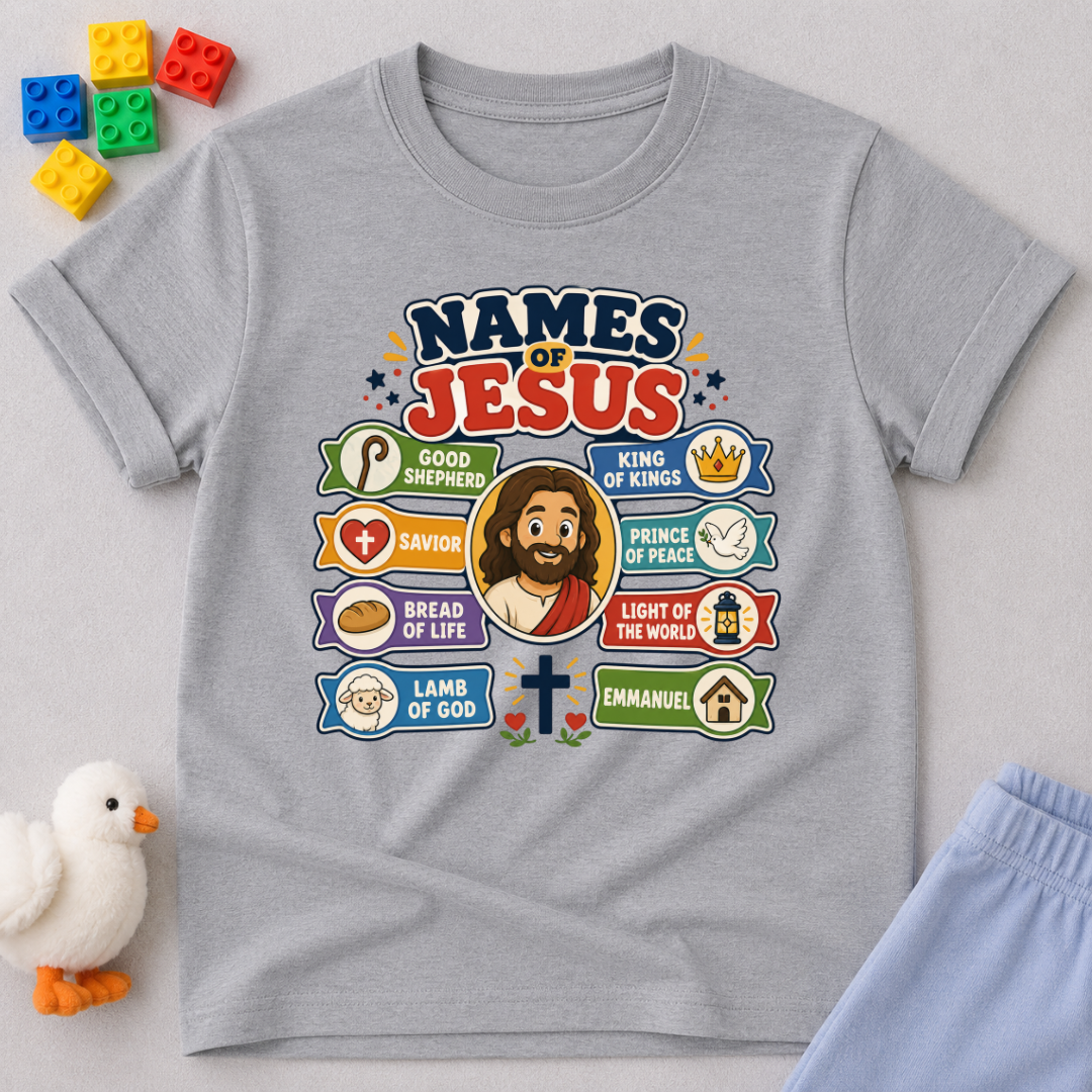 Names of Jesus Bible Chart Christian kids shirt in gray featuring illustrated biblical titles of Jesus
