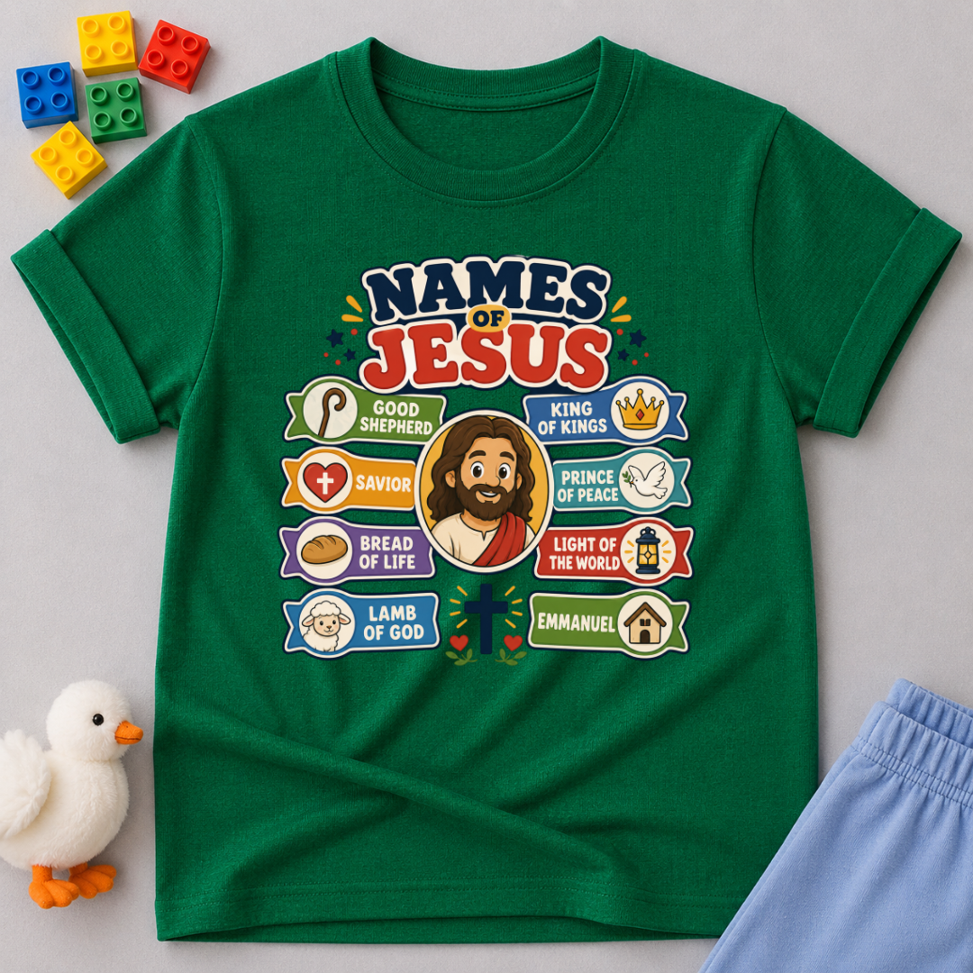 Names of Jesus Bible Chart Christian kids shirt in green featuring illustrated biblical titles of Jesus
