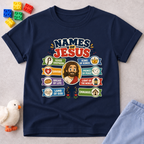 Names of Jesus Bible Chart Christian kids shirt in navy featuring illustrated biblical titles of Jesus
