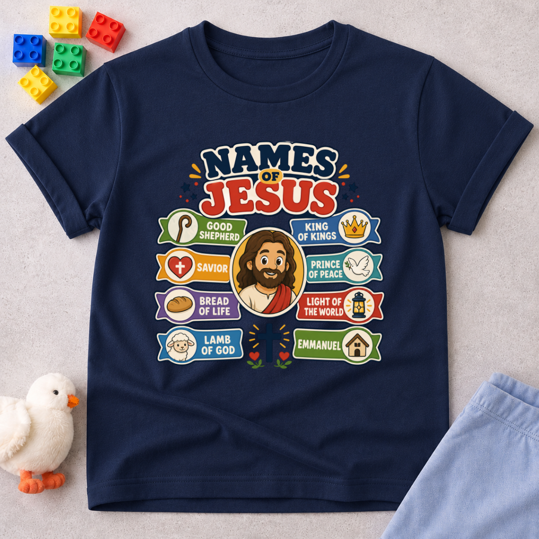 Names of Jesus Bible Chart Christian kids shirt in navy featuring illustrated biblical titles of Jesus
