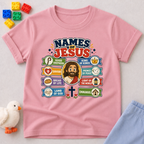 Names of Jesus Bible Chart Christian kids shirt in pink featuring illustrated biblical titles of Jesus
