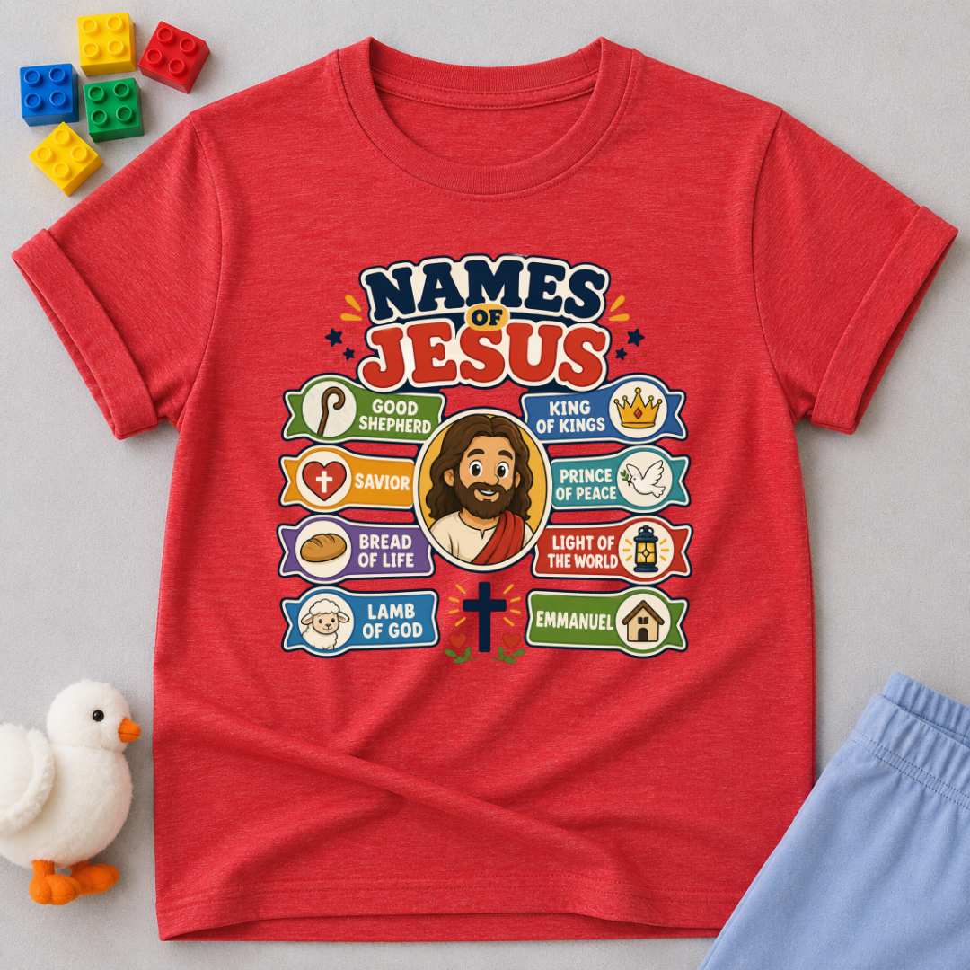 Names of Jesus Bible Chart Christian kids shirt in red featuring illustrated biblical titles of Jesus
