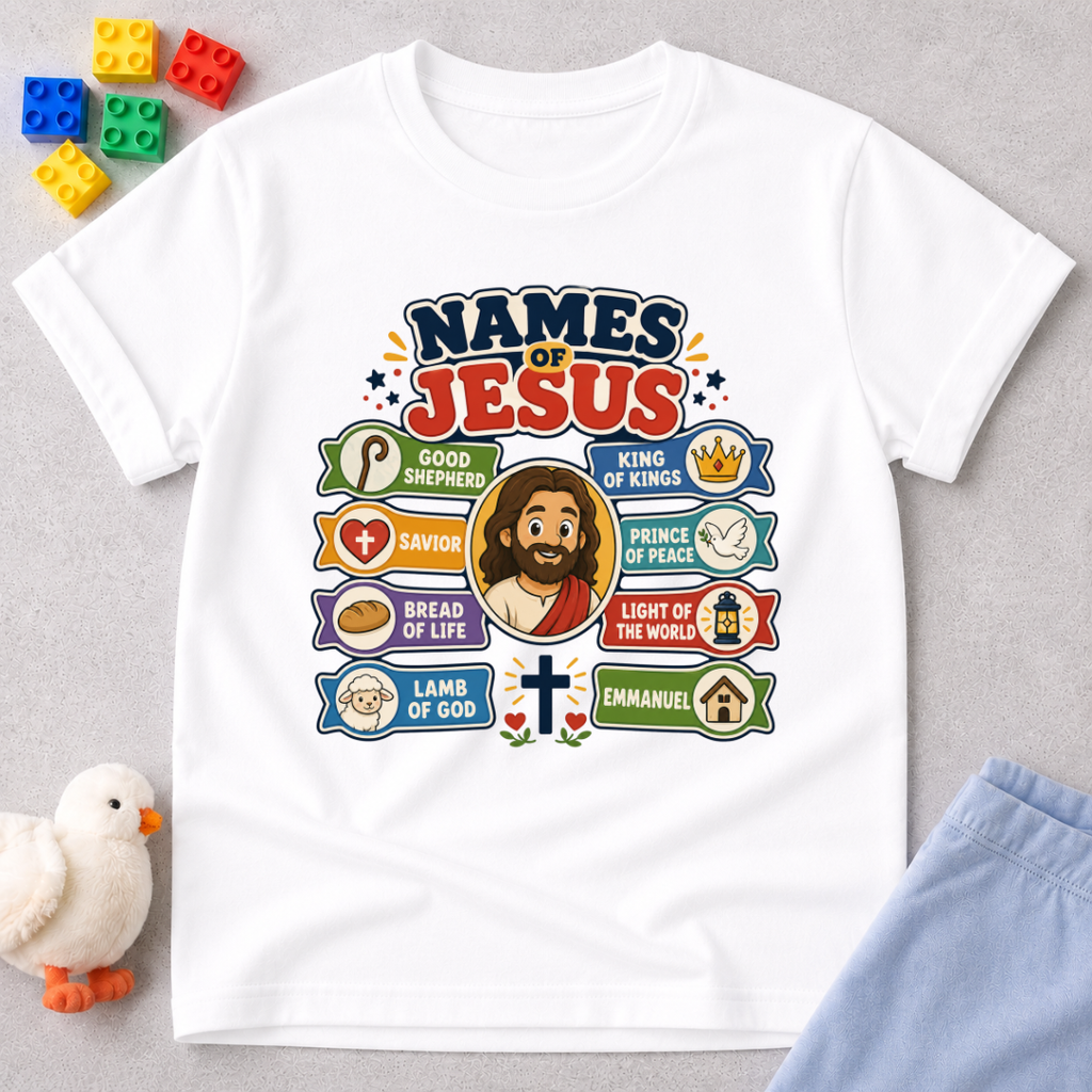 Names of Jesus Bible Chart Christian kids shirt in white featuring illustrated biblical titles of Jesus
