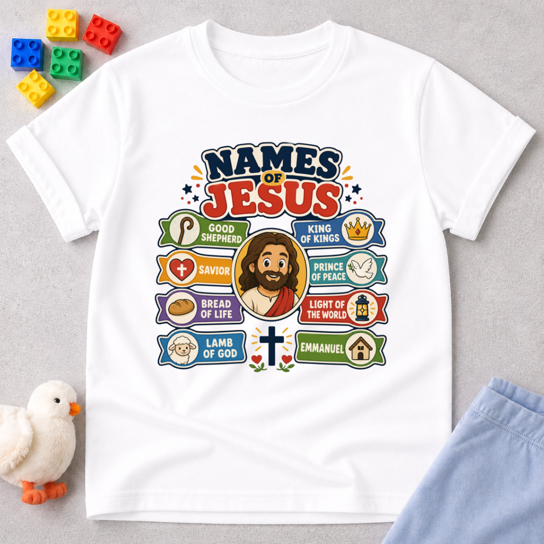 Names of Jesus Bible Chart Christian kids shirt in white featuring illustrated biblical titles of Jesus
