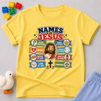 Names of Jesus Bible Chart Christian kids shirt in yellow featuring illustrated biblical titles of Jesus
