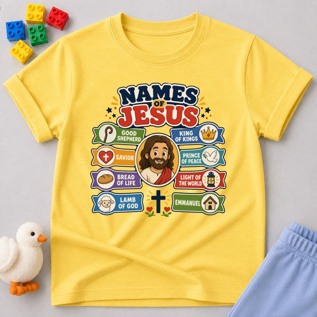 Names of Jesus Bible Chart Christian kids shirt in yellow featuring illustrated biblical titles of Jesus
