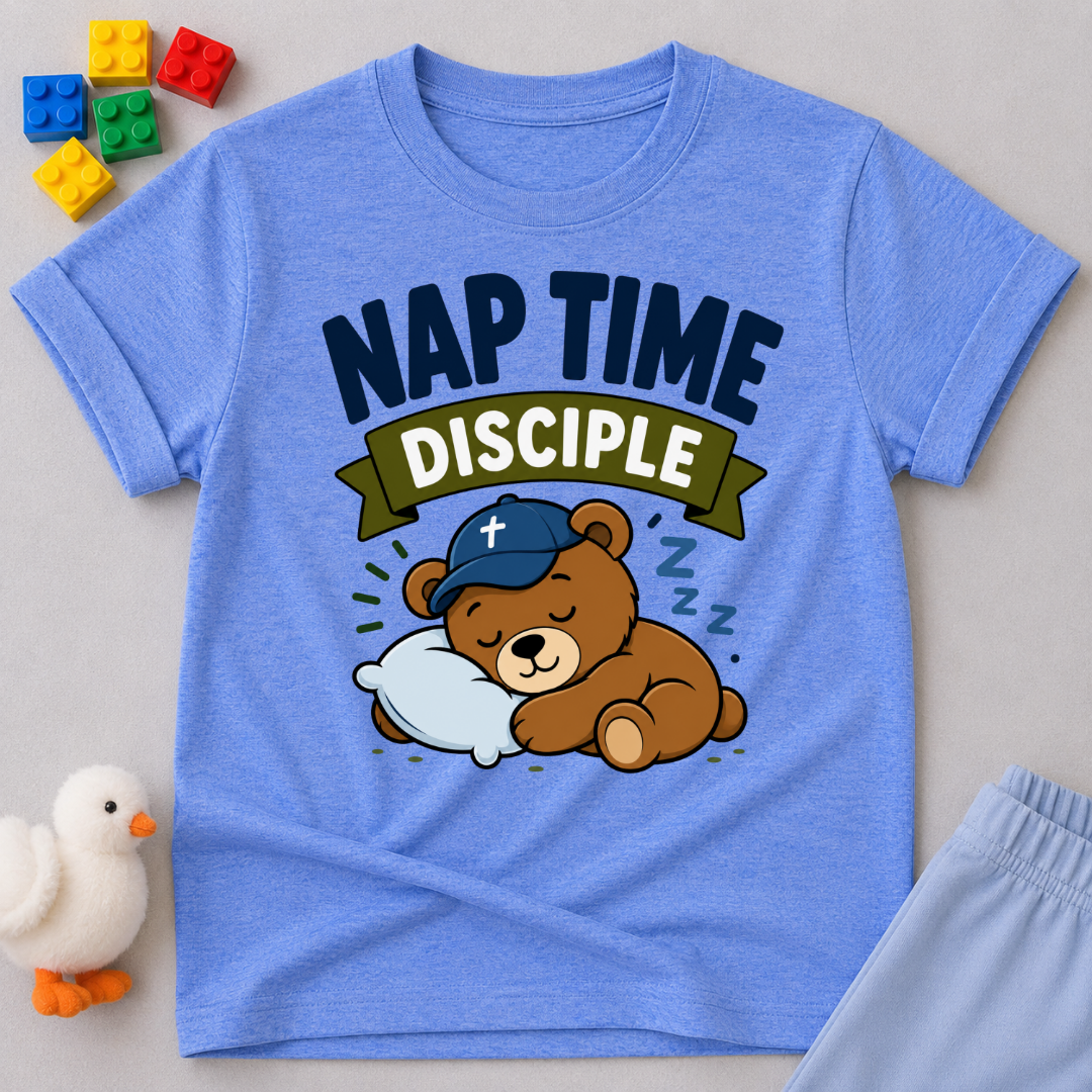 Nap Time Disciple Bear Christian kids shirt in blue featuring a sleeping teddy bear in a nightcap
