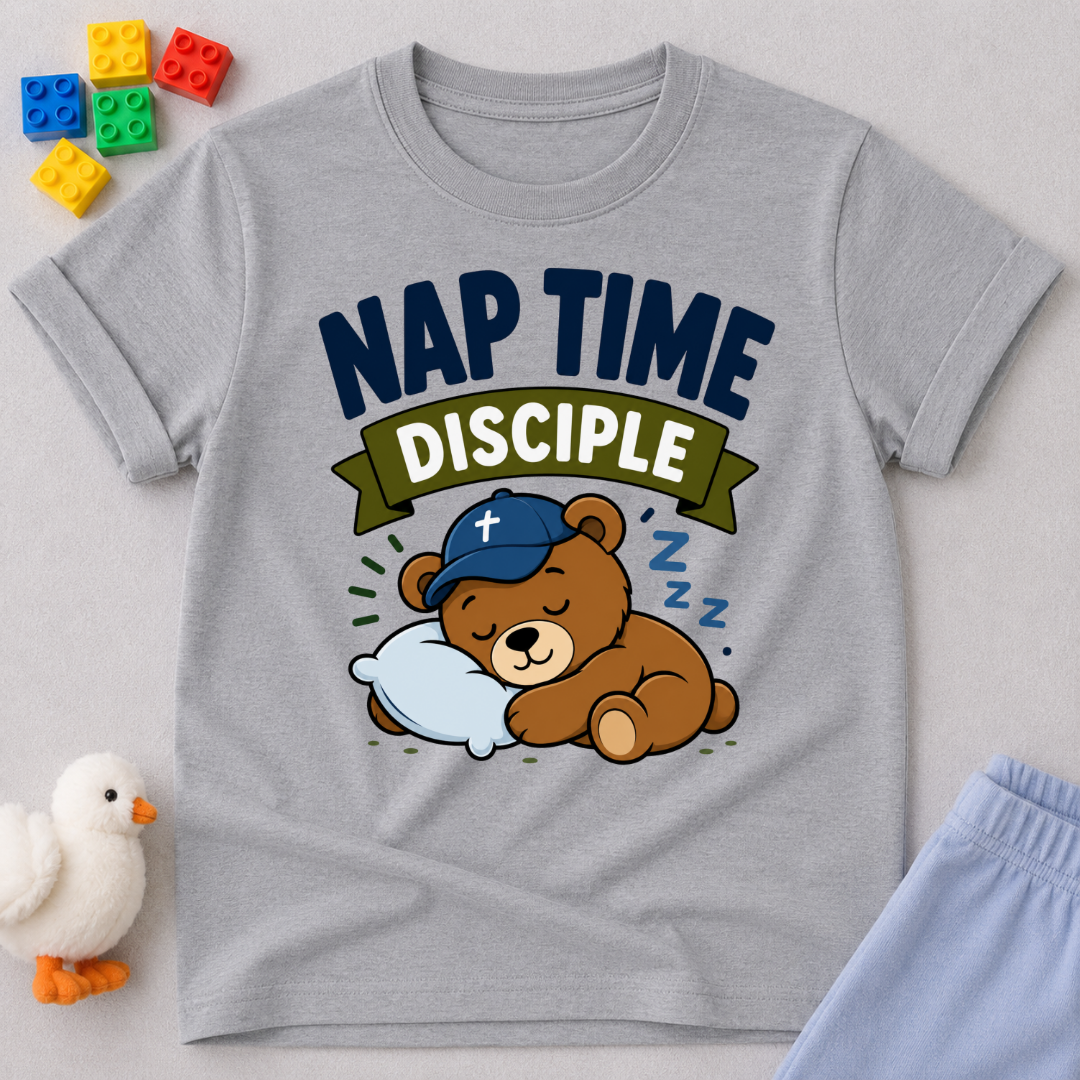 Nap Time Disciple Bear Christian kids shirt in gray featuring a sleeping teddy bear in a nightcap
