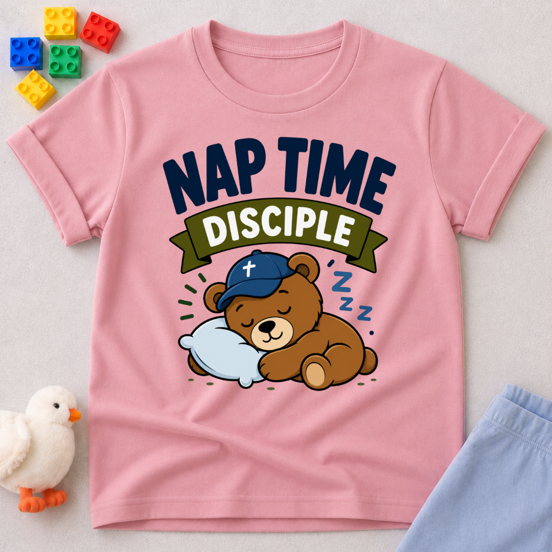 Nap Time Disciple Bear Christian kids shirt in pink featuring a sleeping teddy bear in a nightcap
