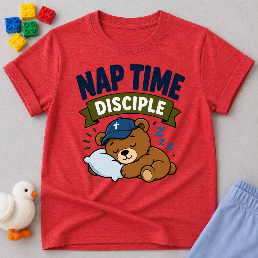 Nap Time Disciple Bear Christian kids shirt in red featuring a sleeping teddy bear in a nightcap
