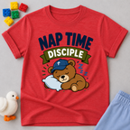 Nap Time Disciple Bear Christian kids shirt in red featuring a sleeping teddy bear in a nightcap
