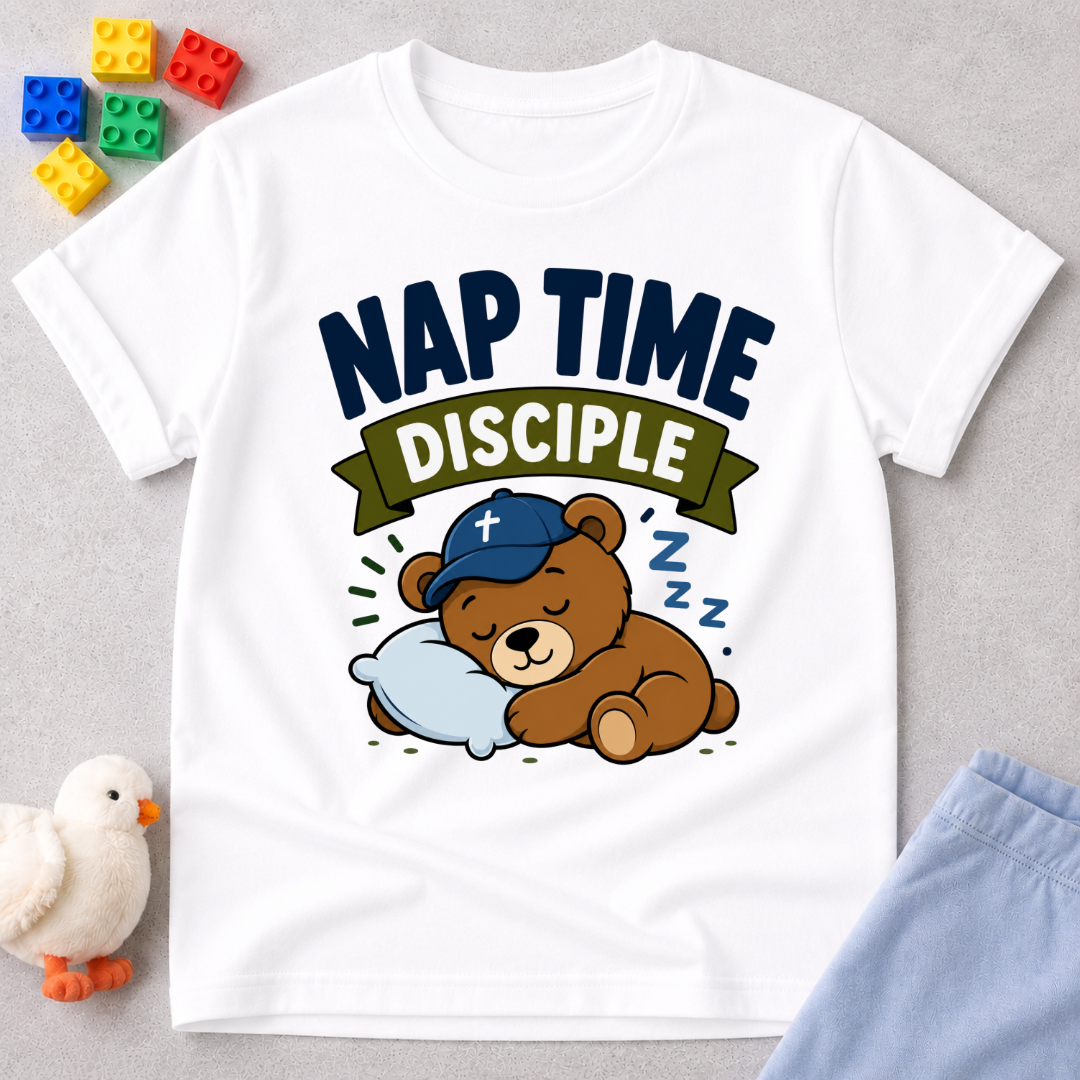Nap Time Disciple Bear Christian kids shirt in white featuring a sleeping teddy bear in a nightcap
