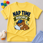 Nap Time Disciple Bear Christian kids shirt in yellow featuring a sleeping teddy bear in a nightcap
