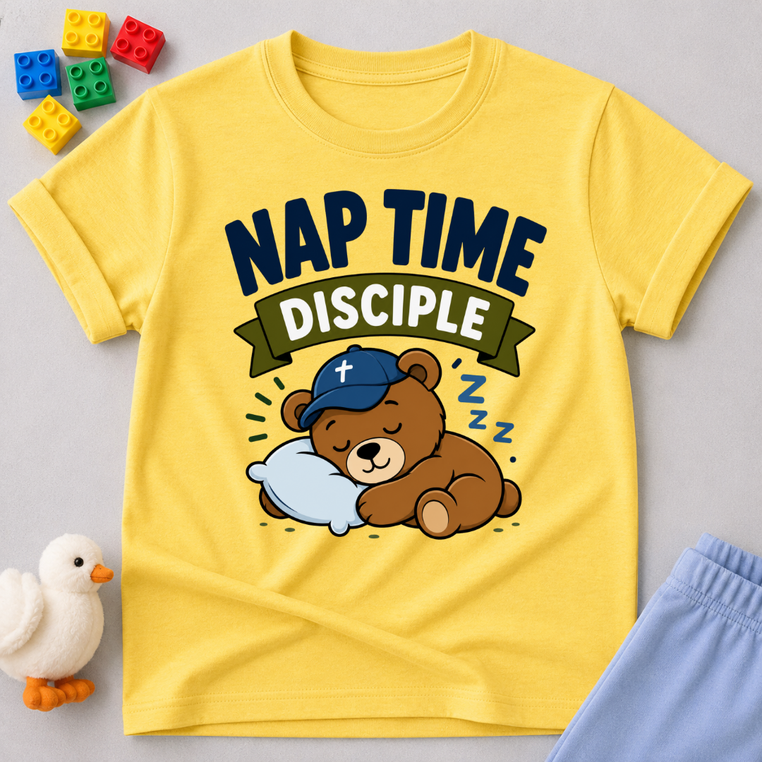 Nap Time Disciple Bear Christian kids shirt in yellow featuring a sleeping teddy bear in a nightcap
