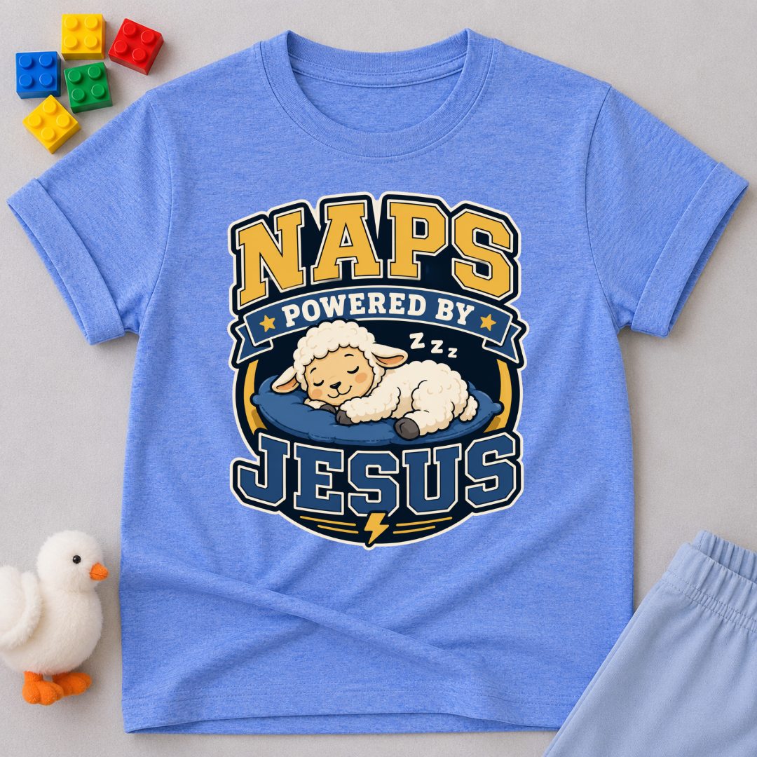 Naps Powered by Jesus Christian kids shirt in blue featuring a sleeping lamb
