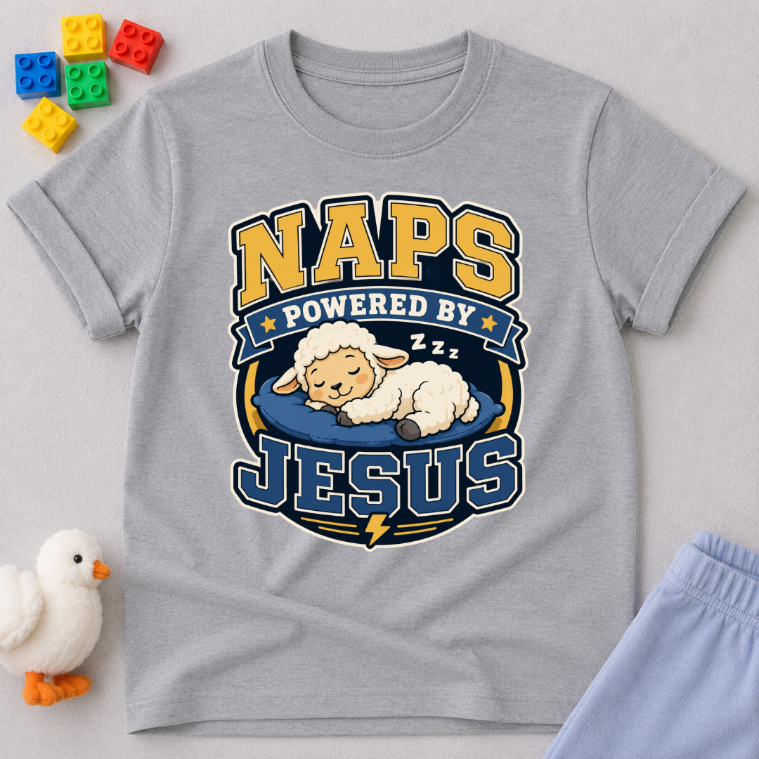 Naps Powered by Jesus Christian kids shirt in gray featuring a sleeping lamb
