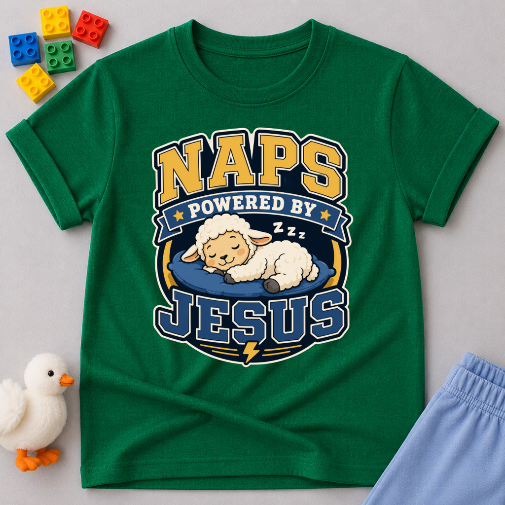 Naps Powered by Jesus Christian kids shirt in green featuring a sleeping lamb
