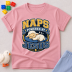 Naps Powered by Jesus Christian kids shirt in pink featuring a sleeping lamb
