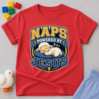 Naps Powered by Jesus Christian kids shirt in red featuring a sleeping lamb
