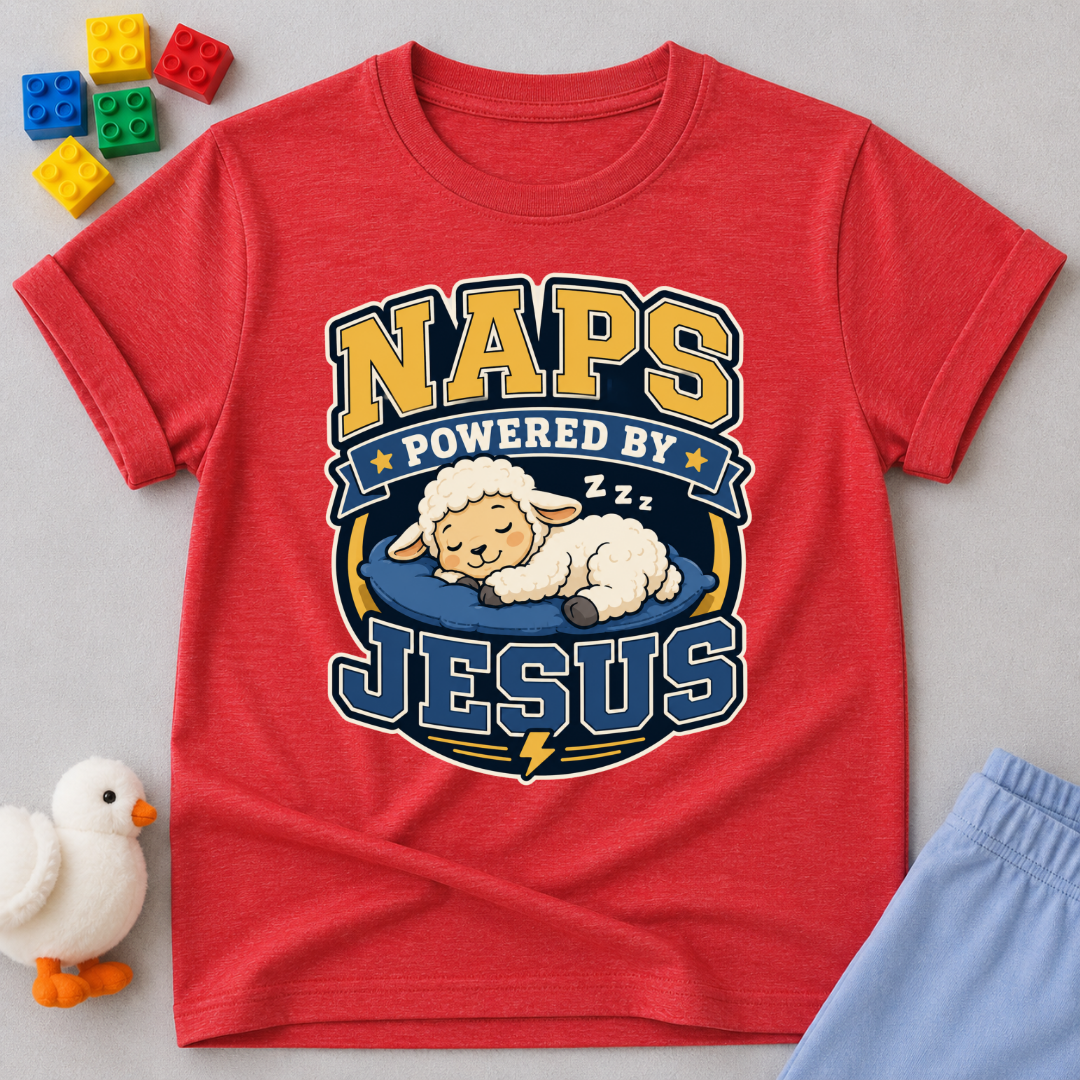 Naps Powered by Jesus Christian kids shirt in red featuring a sleeping lamb
