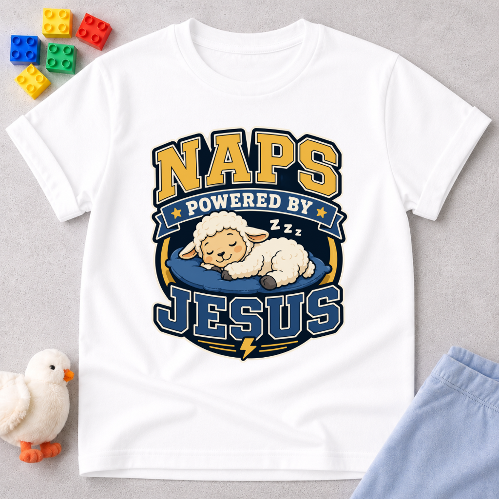 Naps Powered by Jesus Christian kids shirt in white featuring a sleeping lamb
