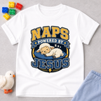 Naps Powered by Jesus Christian kids shirt in white featuring a sleeping lamb
