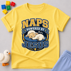 Naps Powered by Jesus Christian kids shirt in yellow featuring a sleeping lamb

