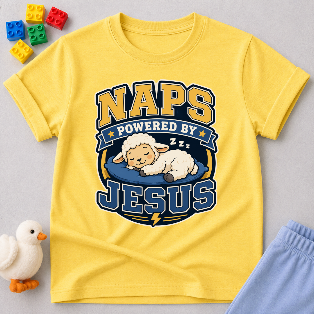 Naps Powered by Jesus Christian kids shirt in yellow featuring a sleeping lamb
