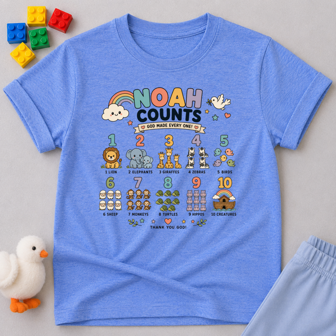 Noah Counts Bible Numbers Christian kids shirt in Blue featuring Bible-themed counting illustrations and educational faith design