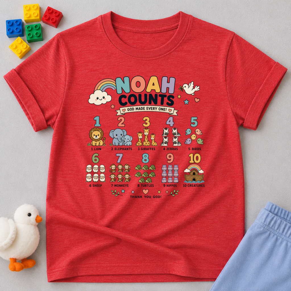 Noah Counts Bible Numbers Christian kids shirt in Red featuring Bible-themed counting illustrations and educational faith design