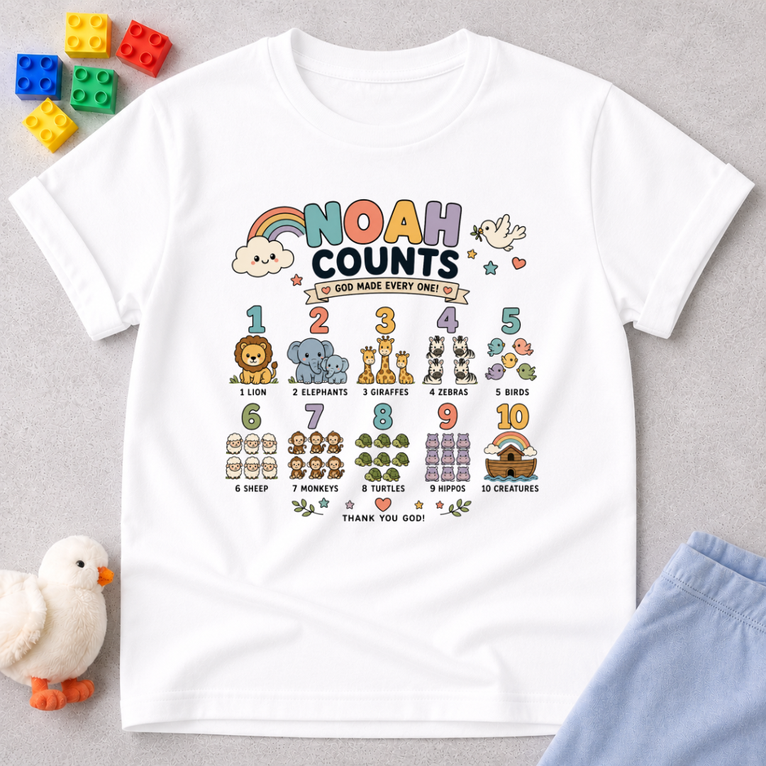 Noah Counts Bible Numbers Christian kids shirt in White featuring Bible-themed counting illustrations and educational faith design