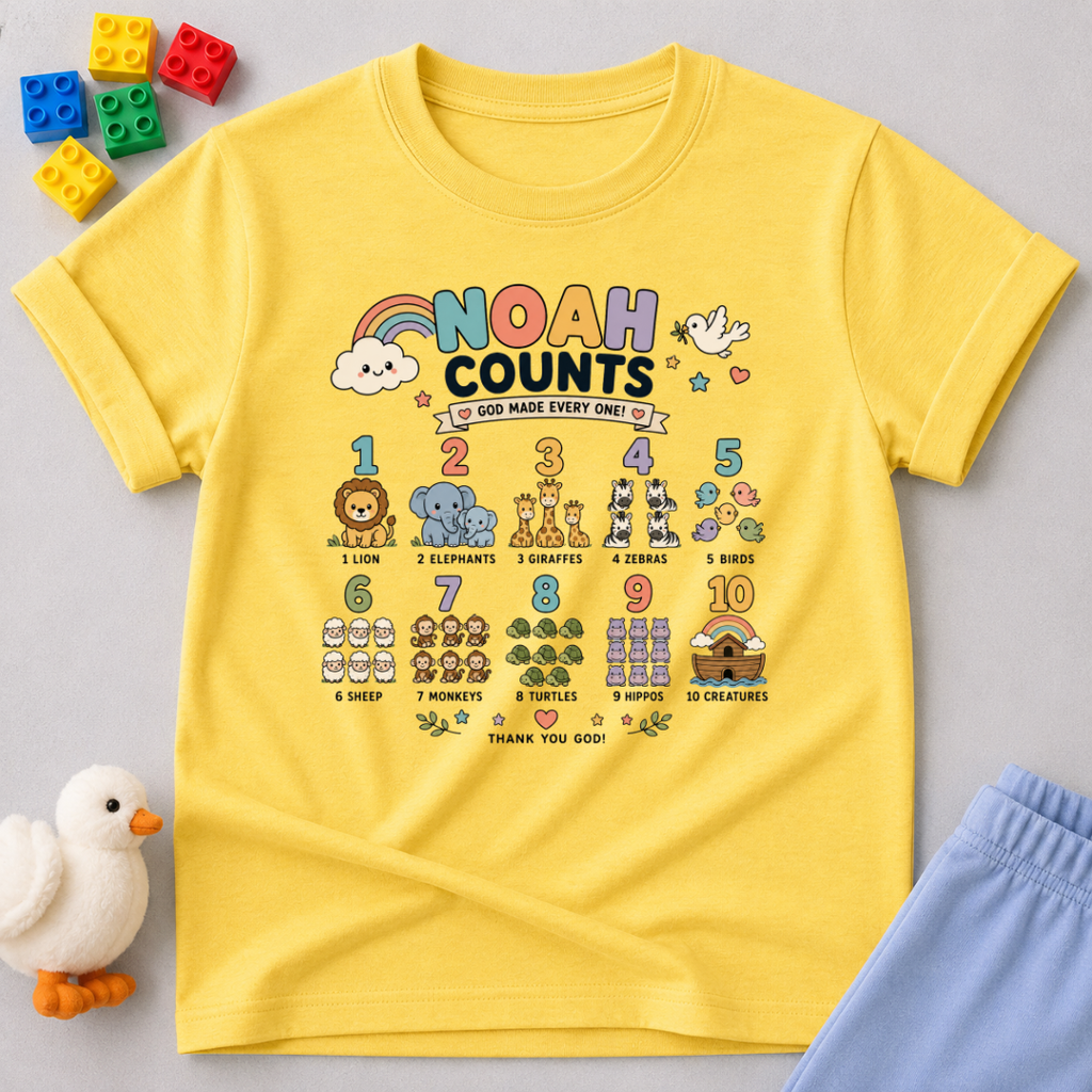 Noah Counts Bible Numbers Christian kids shirt in Yellow featuring Bible-themed counting illustrations and educational faith design