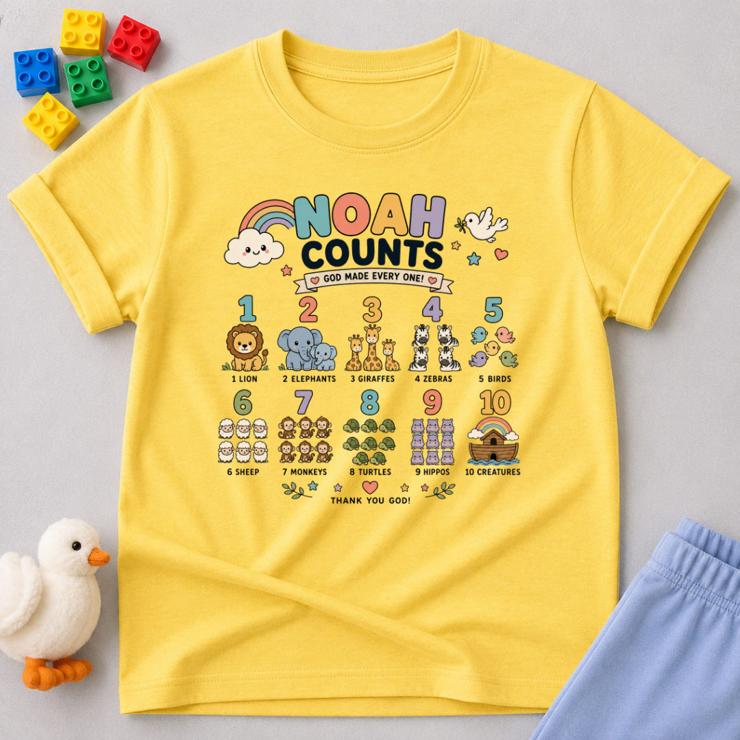 Noah Counts Bible Numbers Christian kids shirt in Yellow featuring Bible-themed counting illustrations and educational faith design