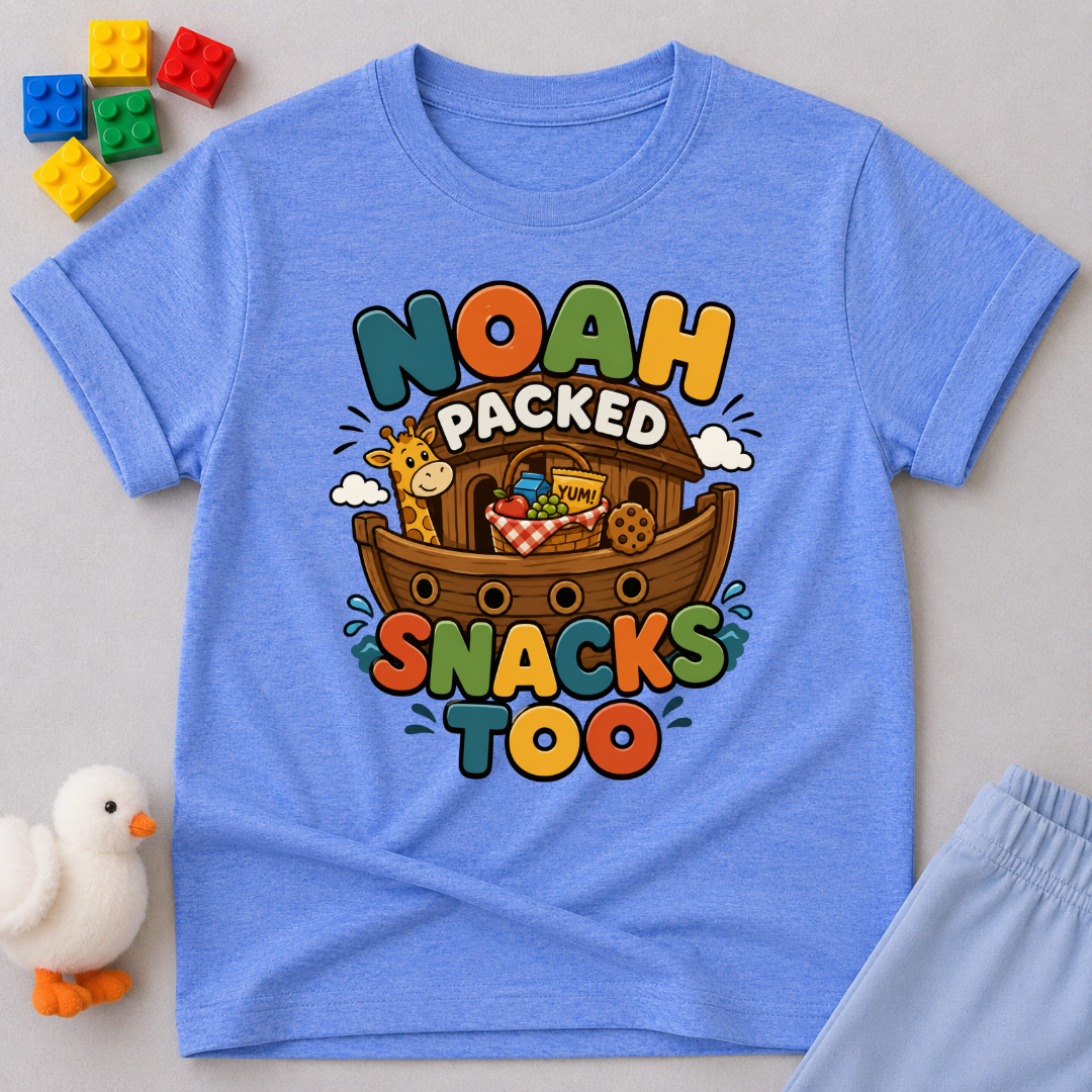 Noah Packed Snacks Too Christian kids shirt in blue featuring Noah's Ark filled with snacks
