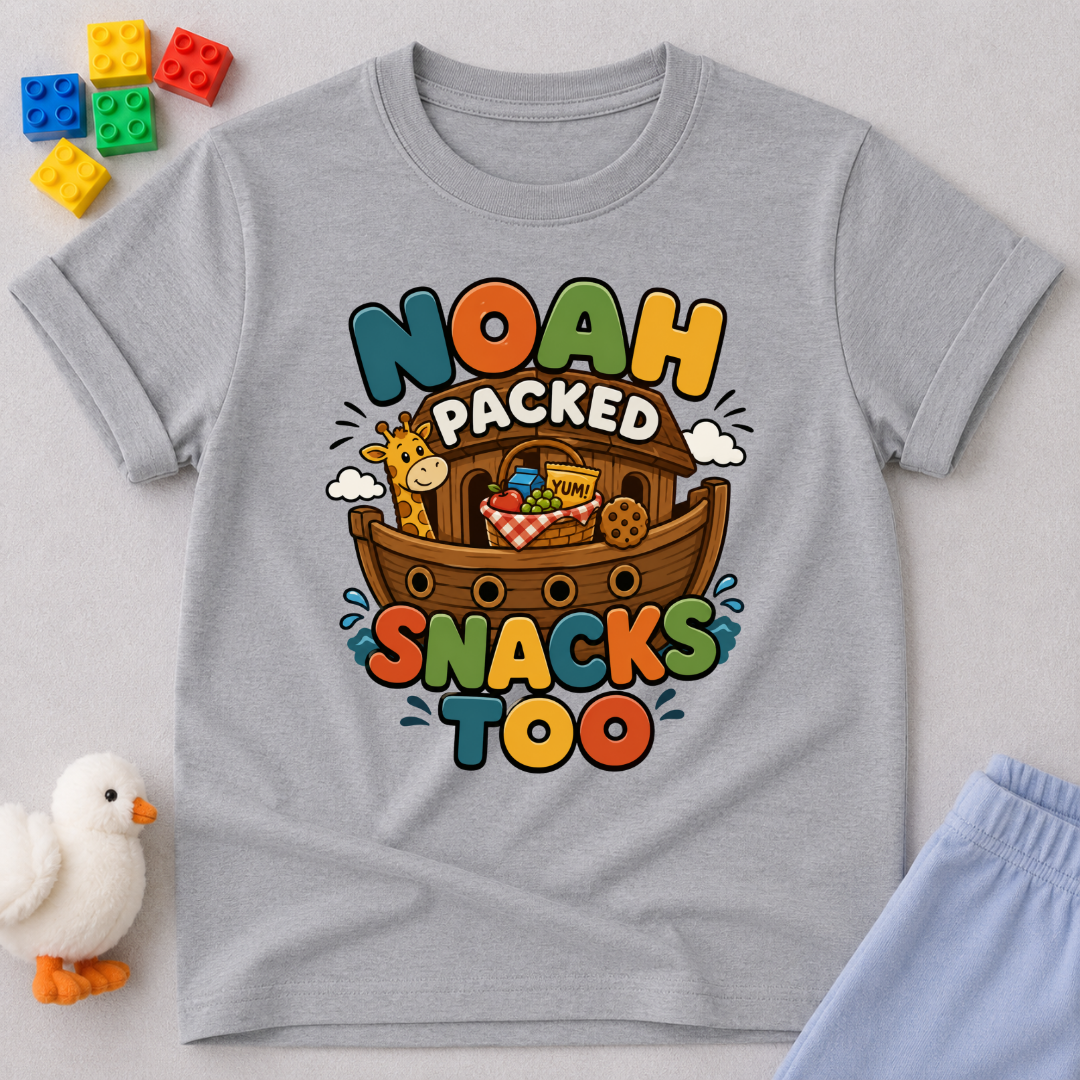 Noah Packed Snacks Too Christian kids shirt in gray featuring Noah's Ark filled with snacks
